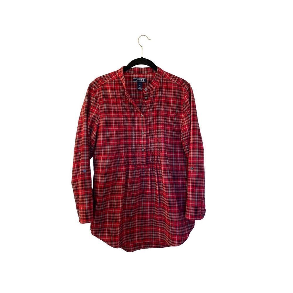 Lands end women’s half button flannel plaid blouse. size 8. ￼